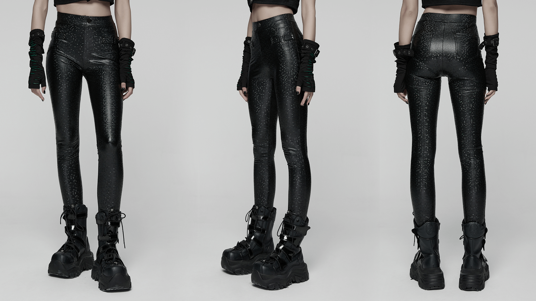 Goth Leggings with Stretch Fabric and Buckle Straps Pockets showcasing a sleek design and edgy style.