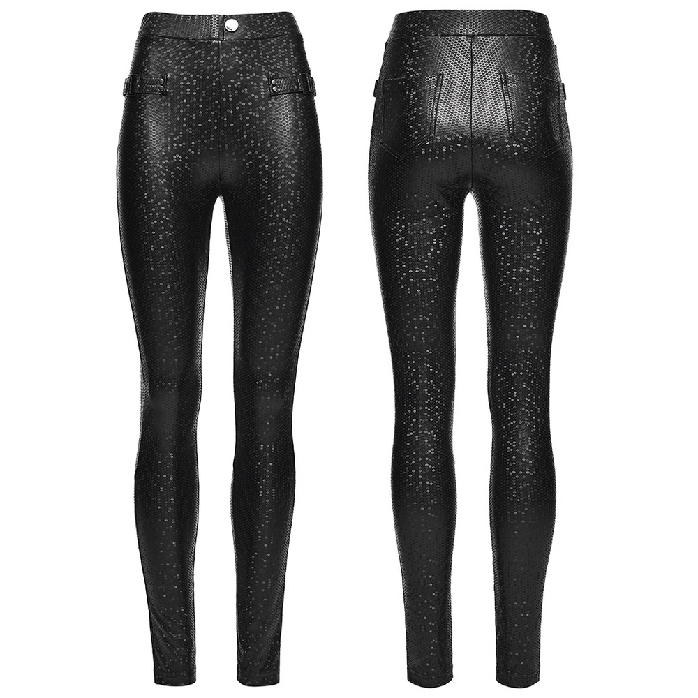 Goth Leggings with Stretch Fabric and Buckle Straps Pockets showcasing glossy mesh panels and woven-cross design.
