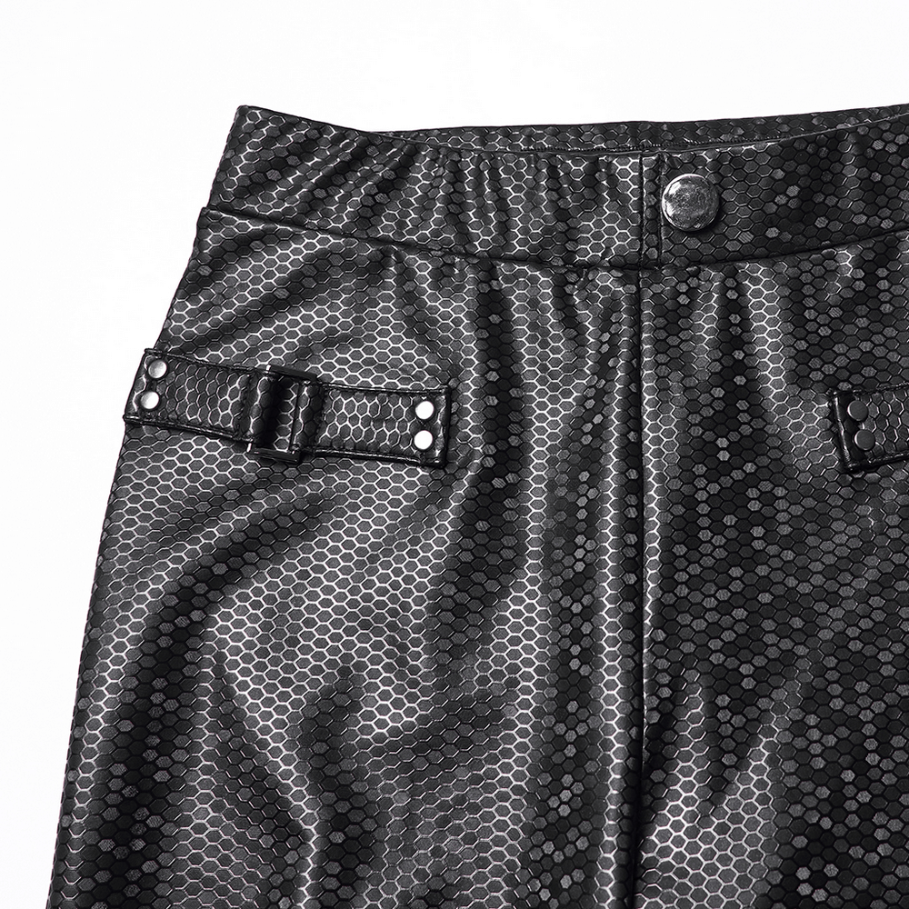 Goth Leggings with Stretch Fabric and Buckle Straps Pockets showing glossy mesh and buckle details.