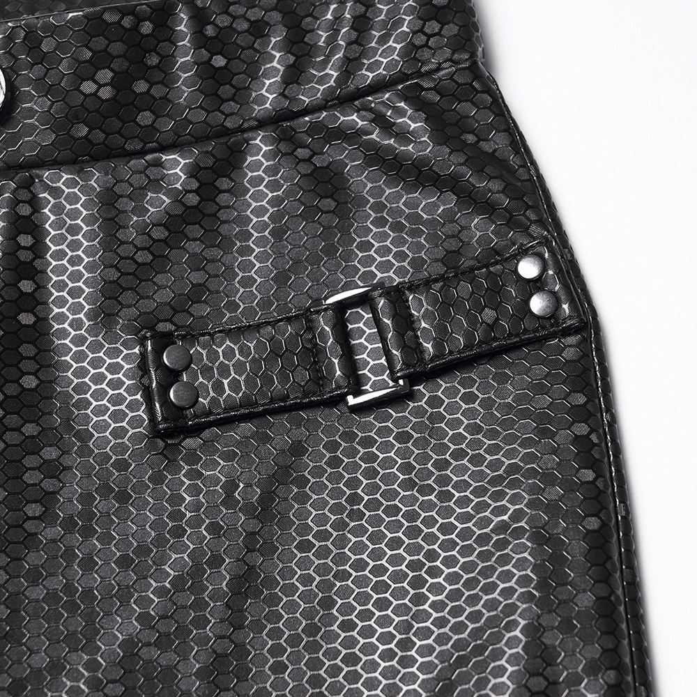 Goth Leggings with Stretch Fabric and Buckle Straps Pockets featuring glossy mesh panels and intricate woven-cross design.