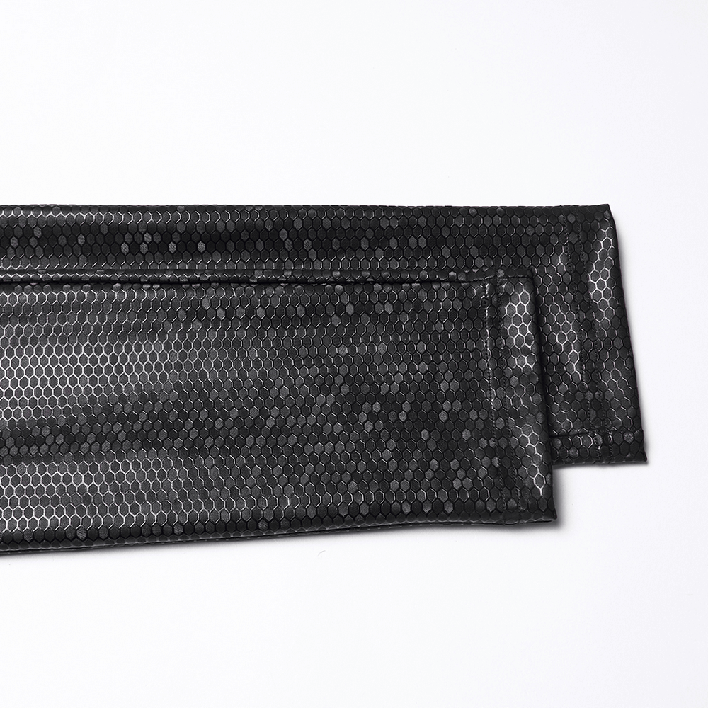 Goth Leggings with Stretch Fabric and Buckle Straps Pockets featuring glossy mesh panels and woven-cross design.