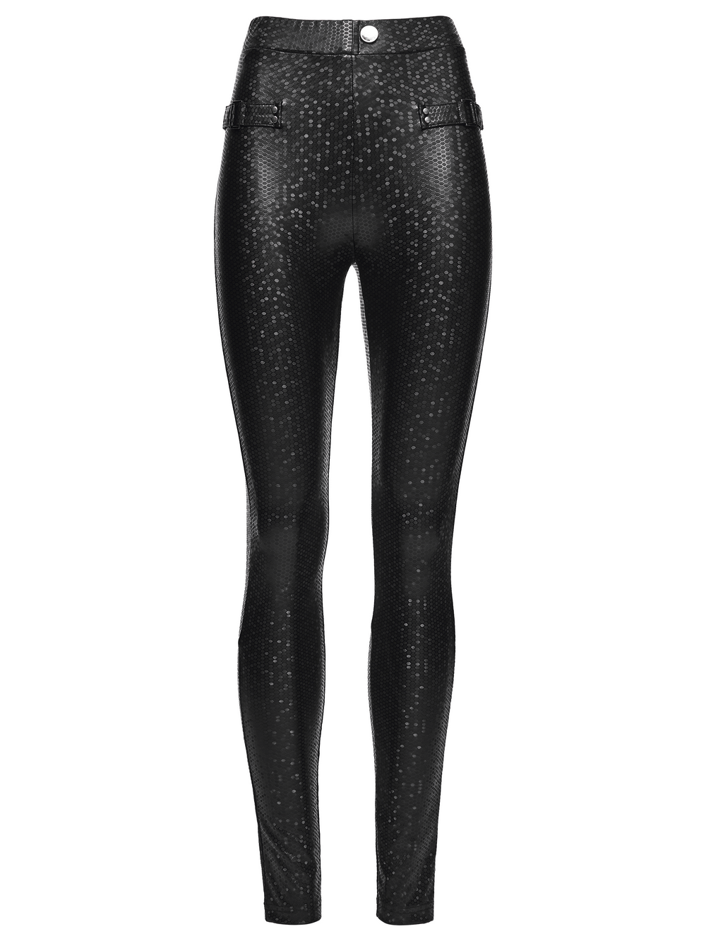 Goth Leggings with Stretch Fabric and Buckle Straps Pockets featuring glossy mesh panels and woven-cross design.