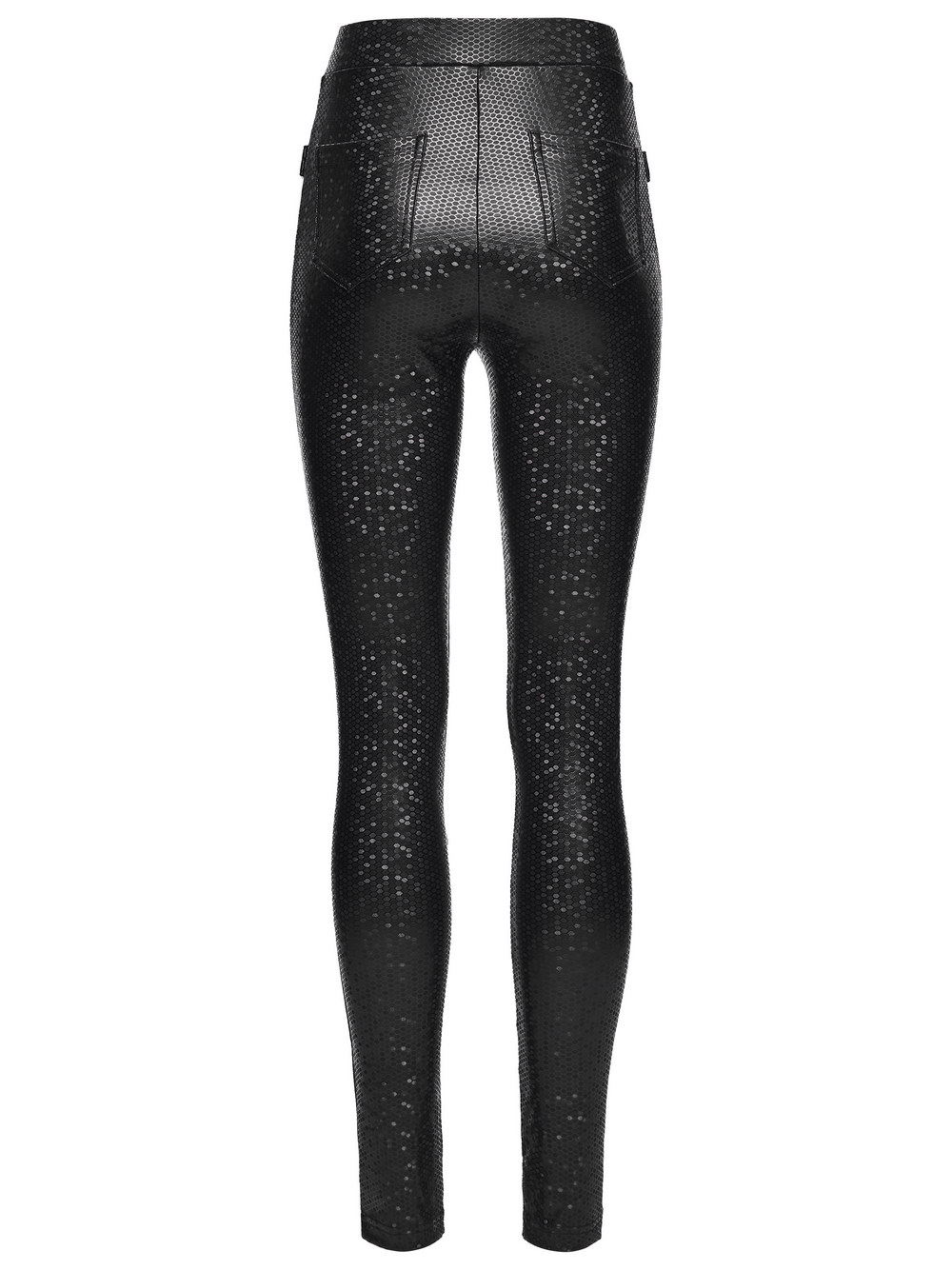 Goth Leggings with Stretch Fabric and Buckle Straps Pockets showcasing a sleek, glossy black design with pockets.