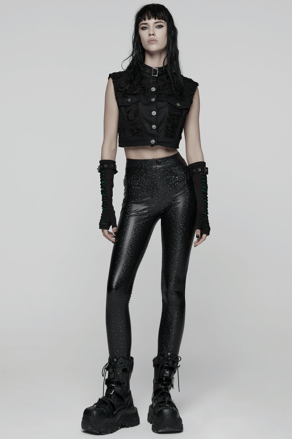 Goth Leggings with Stretch Fabric and Buckle Straps Pockets worn by model, featuring glossy mesh and punk-inspired design.