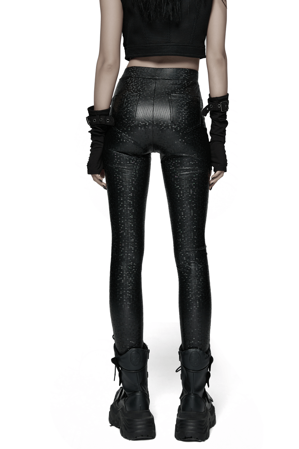 Goth Leggings with Stretch Fabric and Buckle Straps Pockets showcasing a sleek black design and stylish buckle accents.