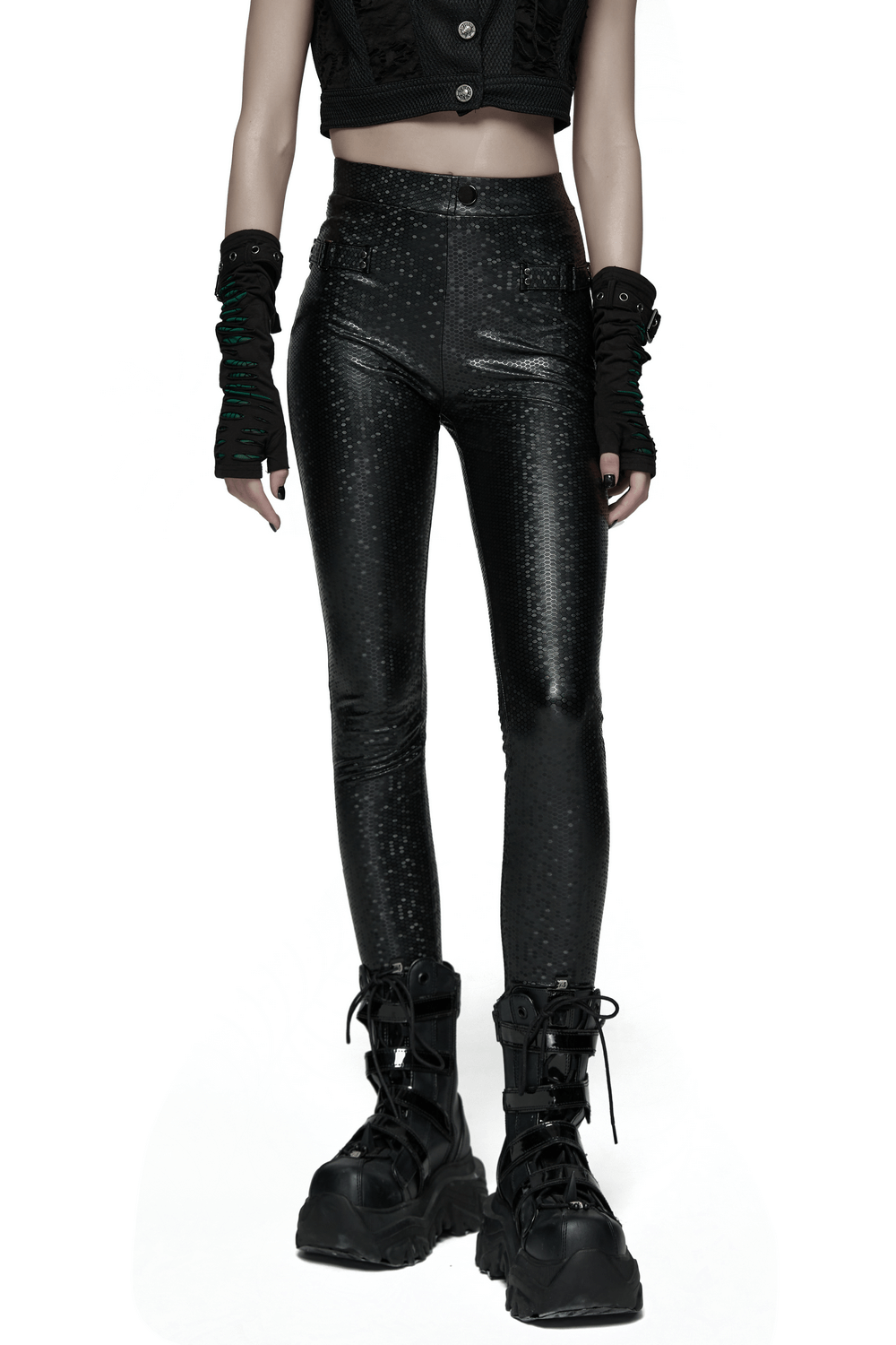 Goth Leggings with Stretch Fabric and Buckle Straps Pockets featuring glossy black sheen and stylish form-fitting design.