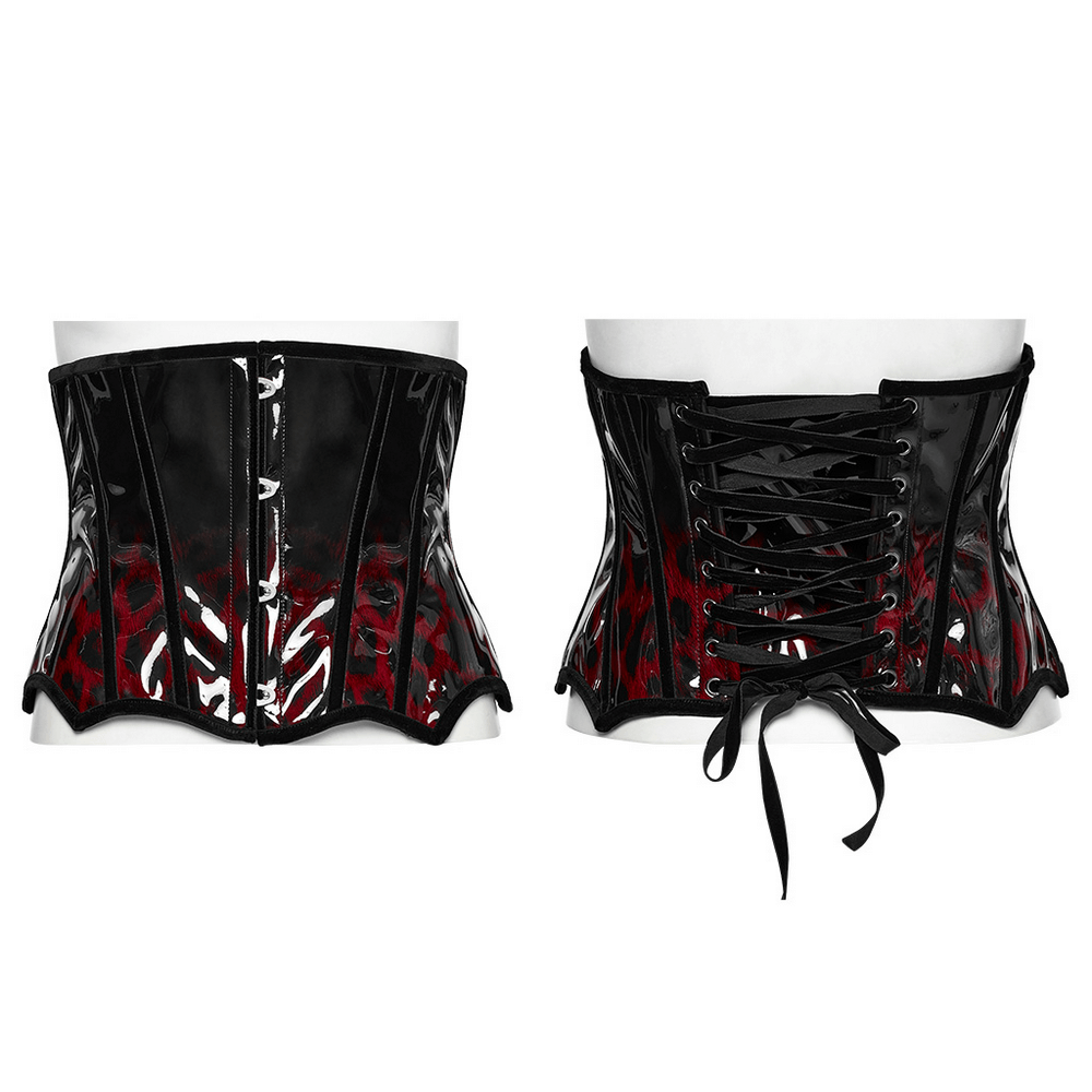 Goth leopard print patent leather corset with adjustable back and drawstring for a curvaceous silhouette.