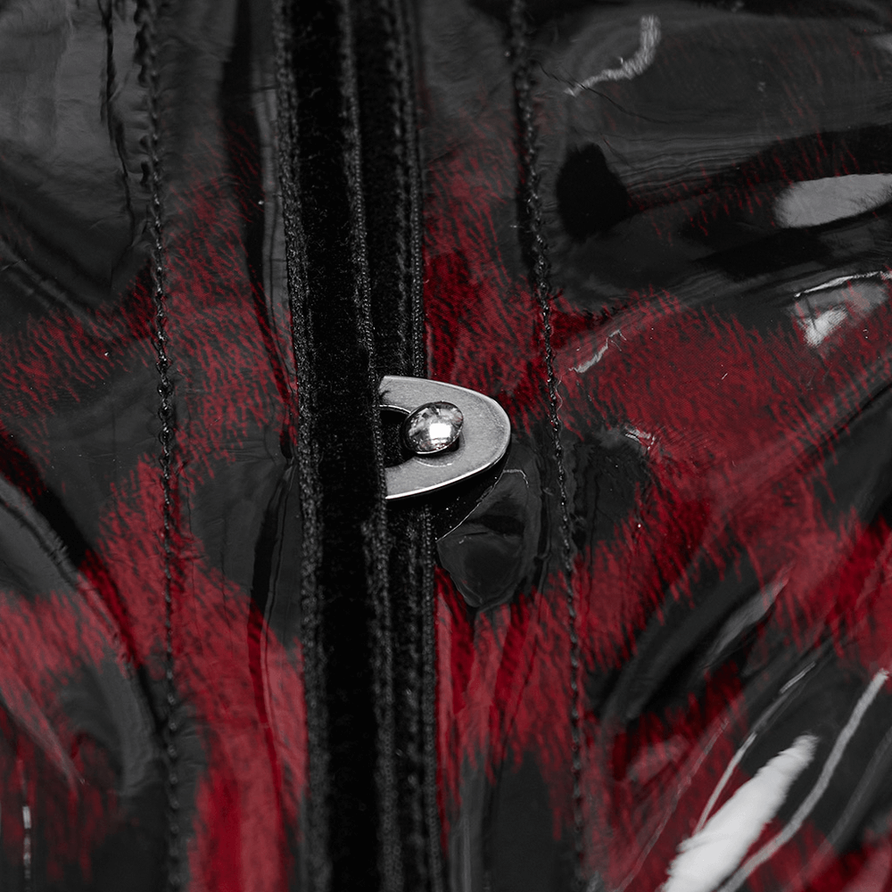 Close-up of zipper detail on goth leopard print patent leather corset, showcasing edgy design and bold colors.
