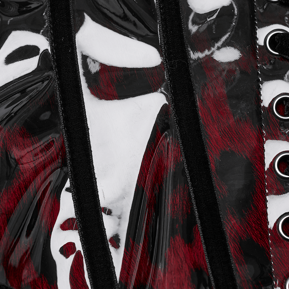 Close-up of goth leopard print patent leather corset showcasing bold design and detailed stitching.