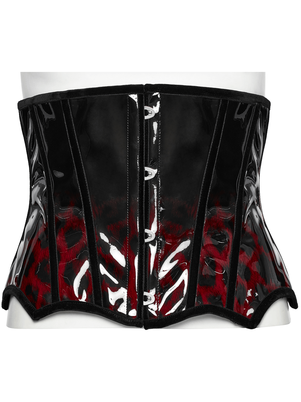 Goth leopard print patent leather corset with adjustable drawstring and metal buckles for a bold look.