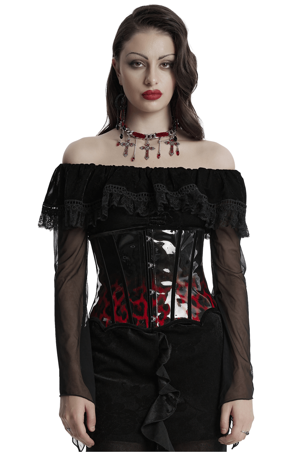Goth leopard print patent leather corset with drawstring, enhancing a bold, curvaceous silhouette for edgy style.