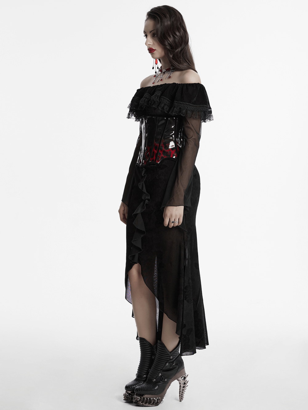 Goth leopard print patent leather corset with off-shoulder dress and bold high heels, showcasing edgy fashion.