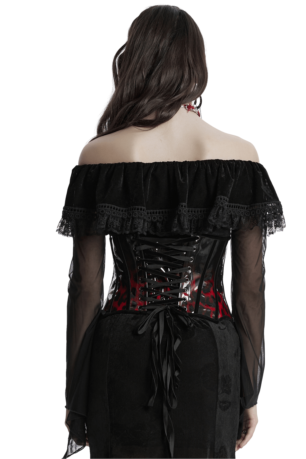 Back view of a goth off-shoulder top with lace details and a corset-style lace-up design.