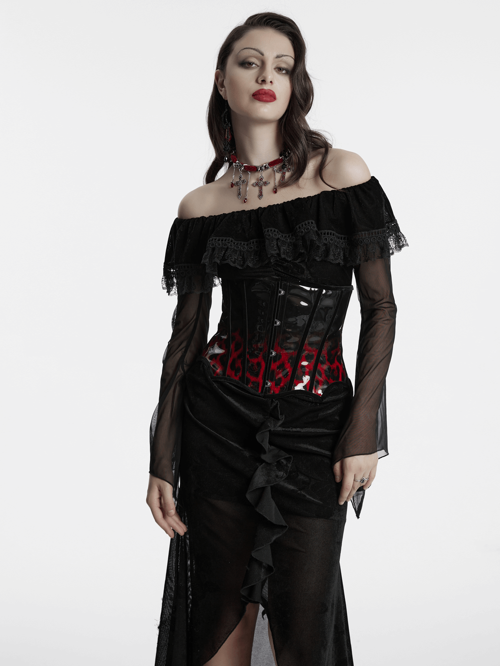 Goth leopard print patent leather corset with adjustable drawstring and lace details, styled in a bold gothic outfit.