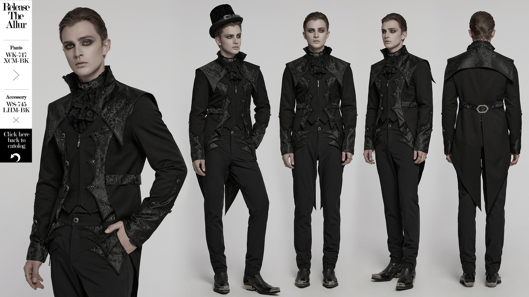 Gothic luxury gentleman's tuxedo featuring intricate jacquard design, stylishly modeled from multiple angles.