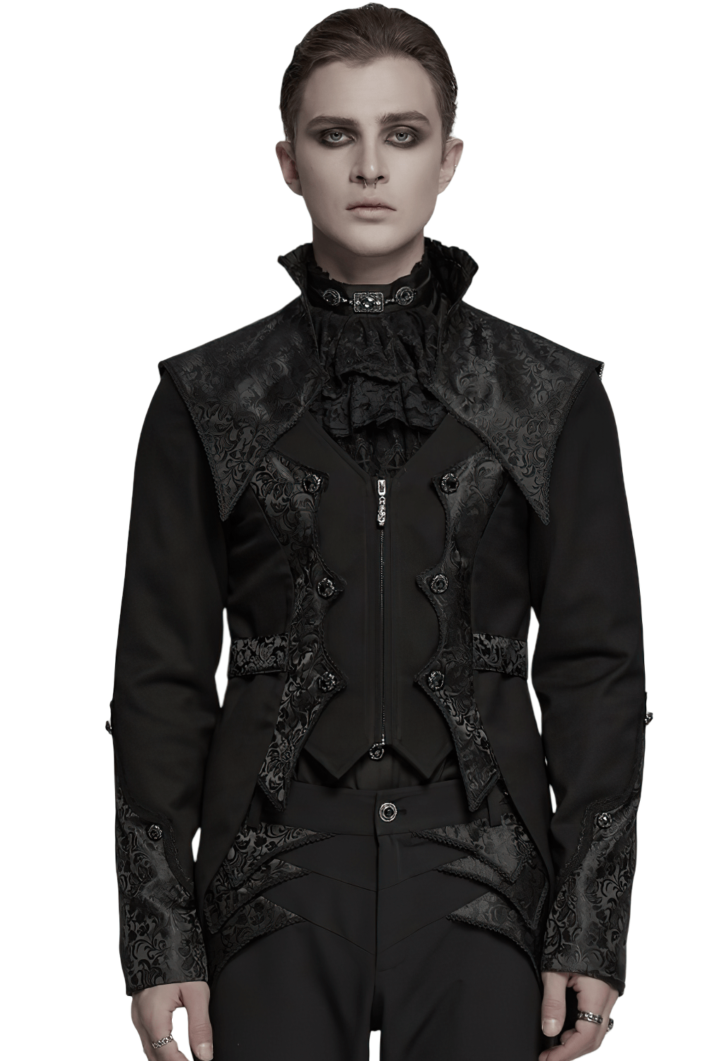 Goth luxury gentleman's tuxedo featuring intricate jacquard design, perfect for avant-garde formal occasions.