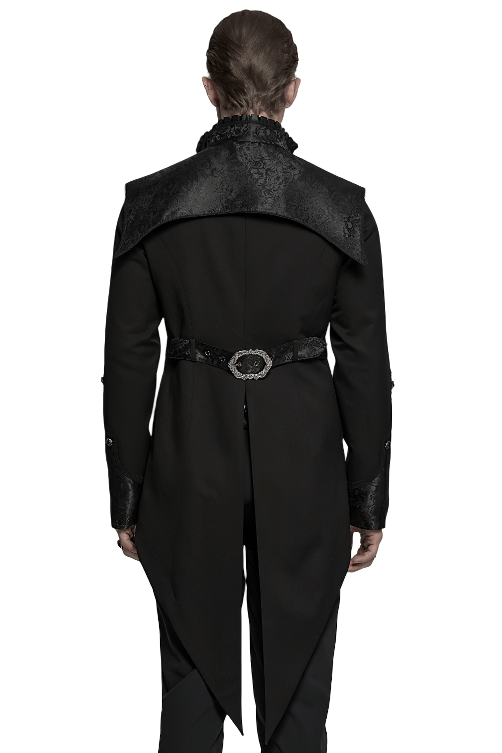 Back view of a Goth luxury gentleman's tuxedo with elegant jacquard design, featuring a dramatic collar and unique belt.