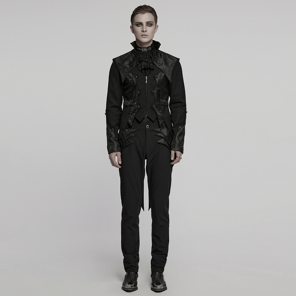 Goth luxury gentleman's tuxedo with intricate jacquard design, styled for a striking and elegant look.