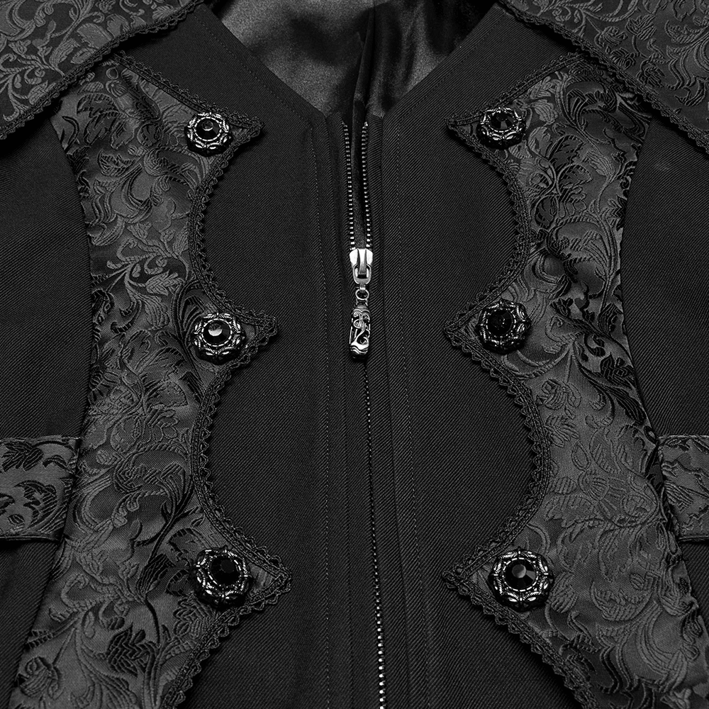 Close-up of Gothic luxury gentleman's tuxedo with intricate jacquard design and elegant button details.
