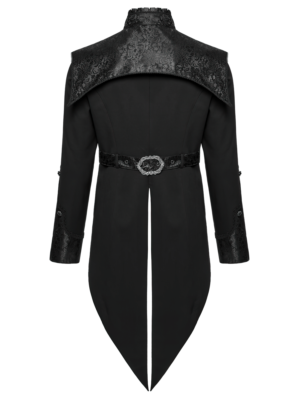 Back view of a Goth luxury gentleman's tuxedo with jacquard design and ornate collar.
