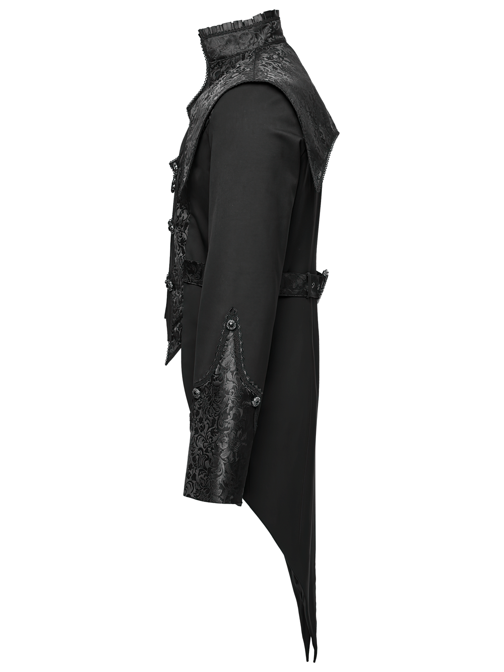Goth luxury gentleman's tuxedo with intricate jacquard design, showcasing a unique gothic style from the side.
