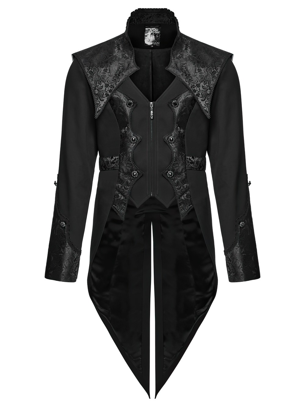 Goth luxury gentleman's tuxedo with elegant jacquard design and stylish silhouette.