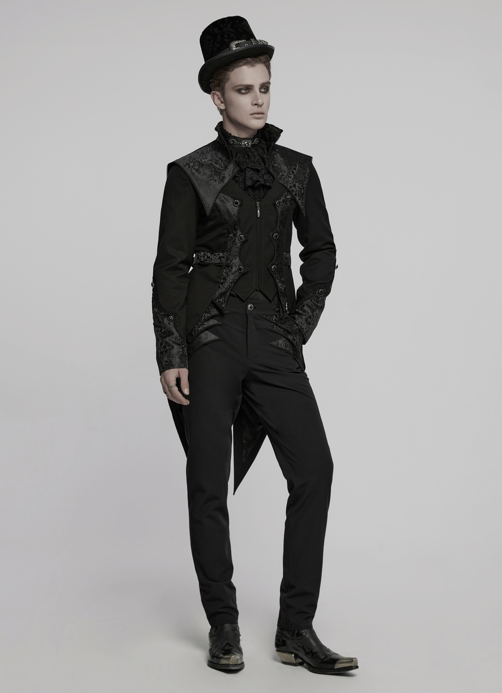 Goth luxury gentleman's tuxedo with jacquard design, stylishly worn with a top hat for a dramatic, elegant look.