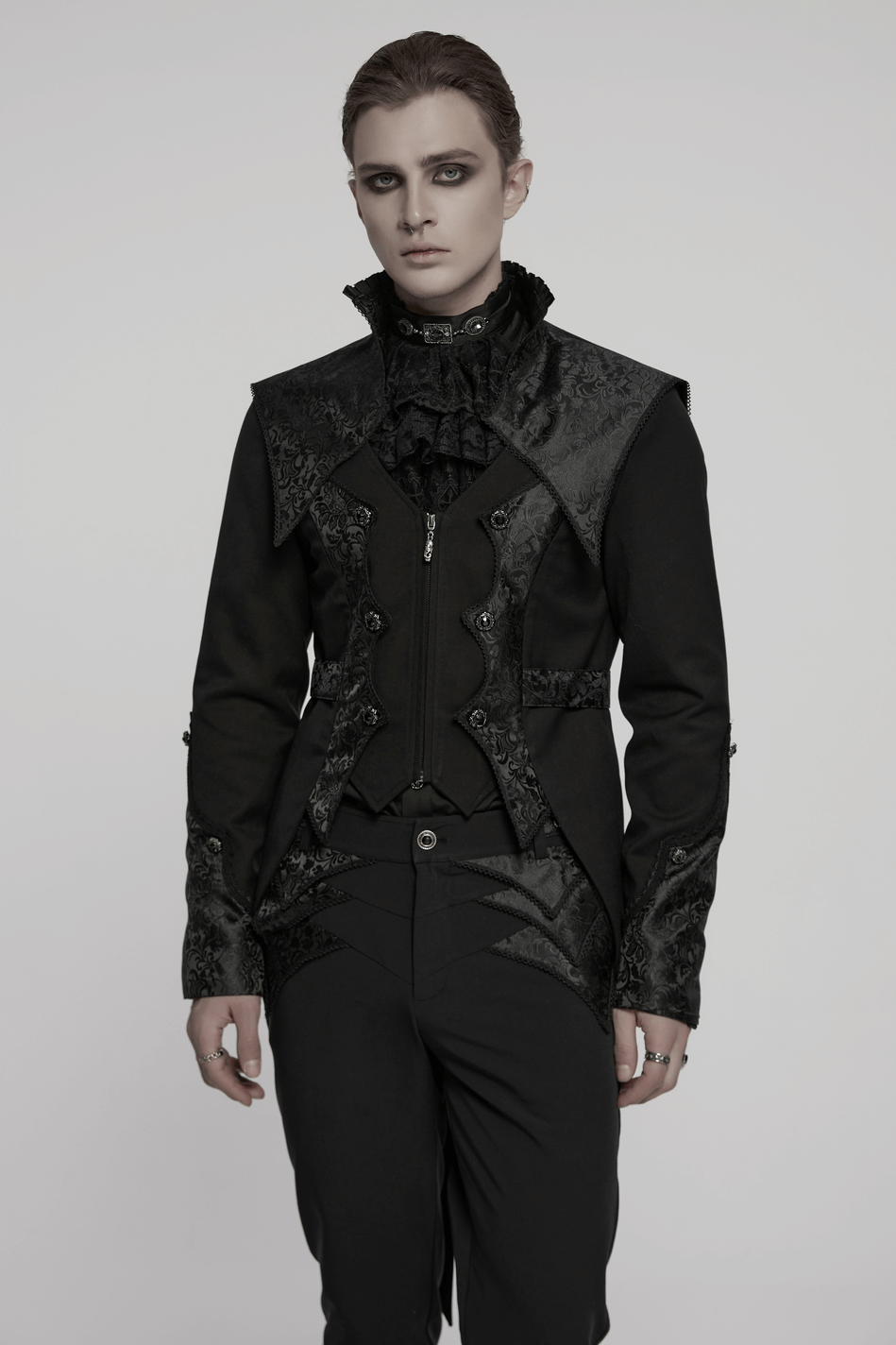 Goth luxury gentleman's tuxedo featuring a stylish jacquard design, perfect for elegant or alternative occasions.