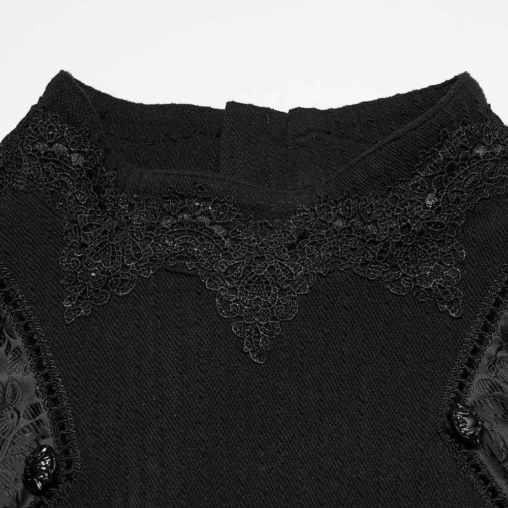 Close-up of Goth Minimalist Sweatshirt with Shoulder Panels for Men, featuring intricate lace collar details.