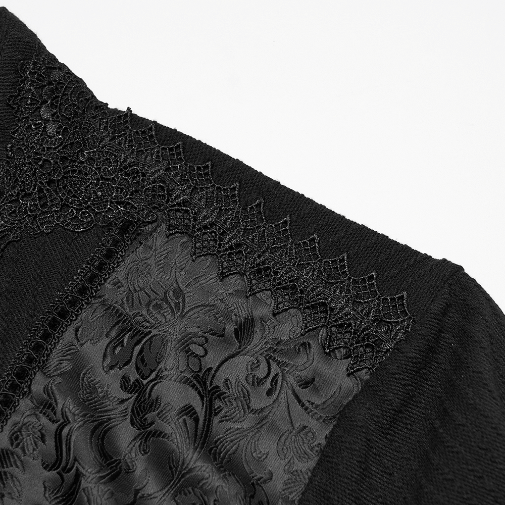 Detail of Goth Minimalist Sweatshirt with Shoulder Panels for Men showcasing lace and embossed velvet design.