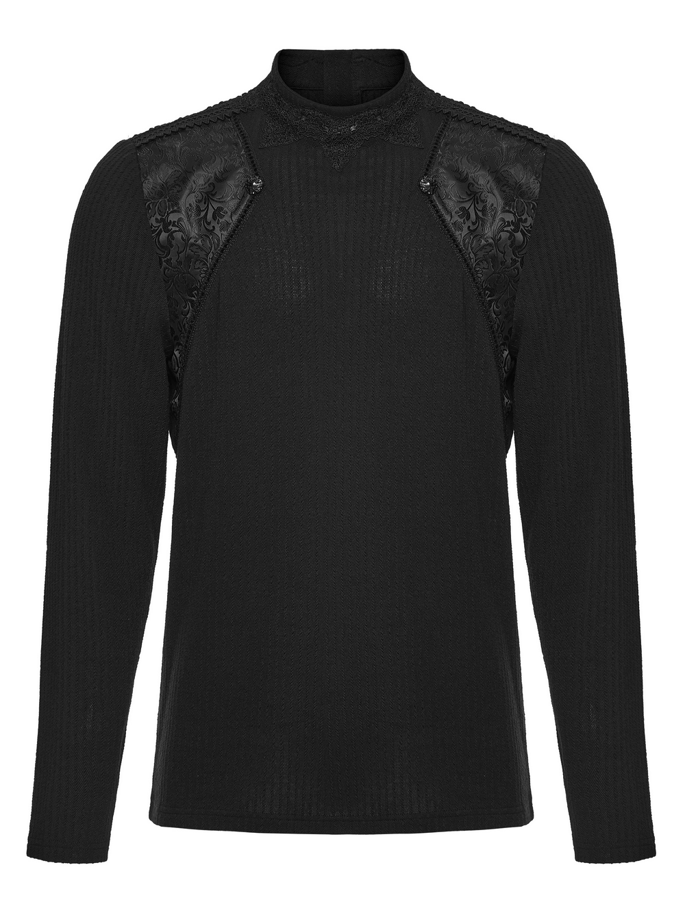 Goth Minimalist Sweatshirt with Shoulder Panels for Men featuring intricate lace and dark rose embossed design.