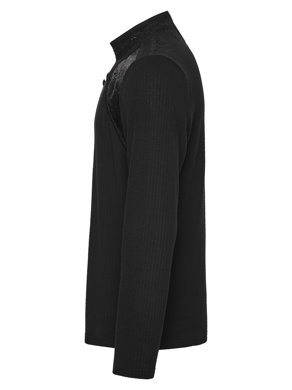 Goth Minimalist Sweatshirt with Shoulder Panels for Men side view showing lace detail and textured fabric.
