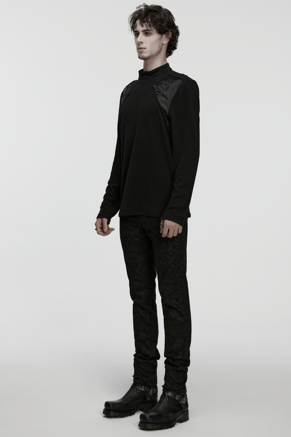 Goth Minimalist Sweatshirt with Shoulder Panels for Men displayed on a model, featuring a unique textured design.