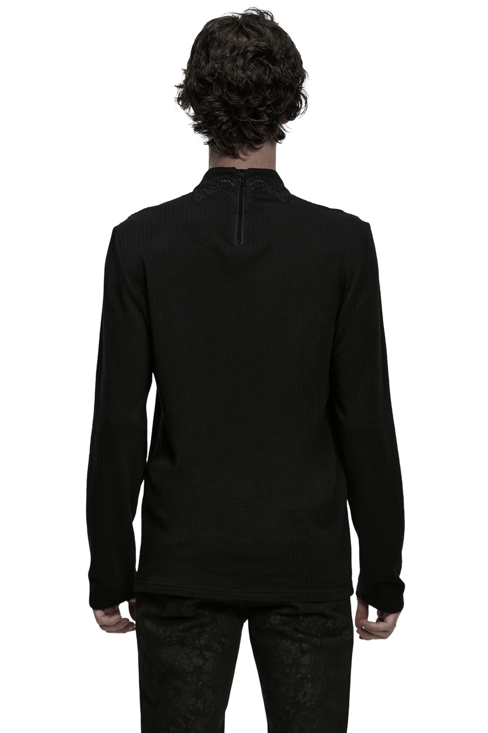Back view of Goth Minimalist Sweatshirt with Shoulder Panels for Men, featuring dark rose embossing and lace details.