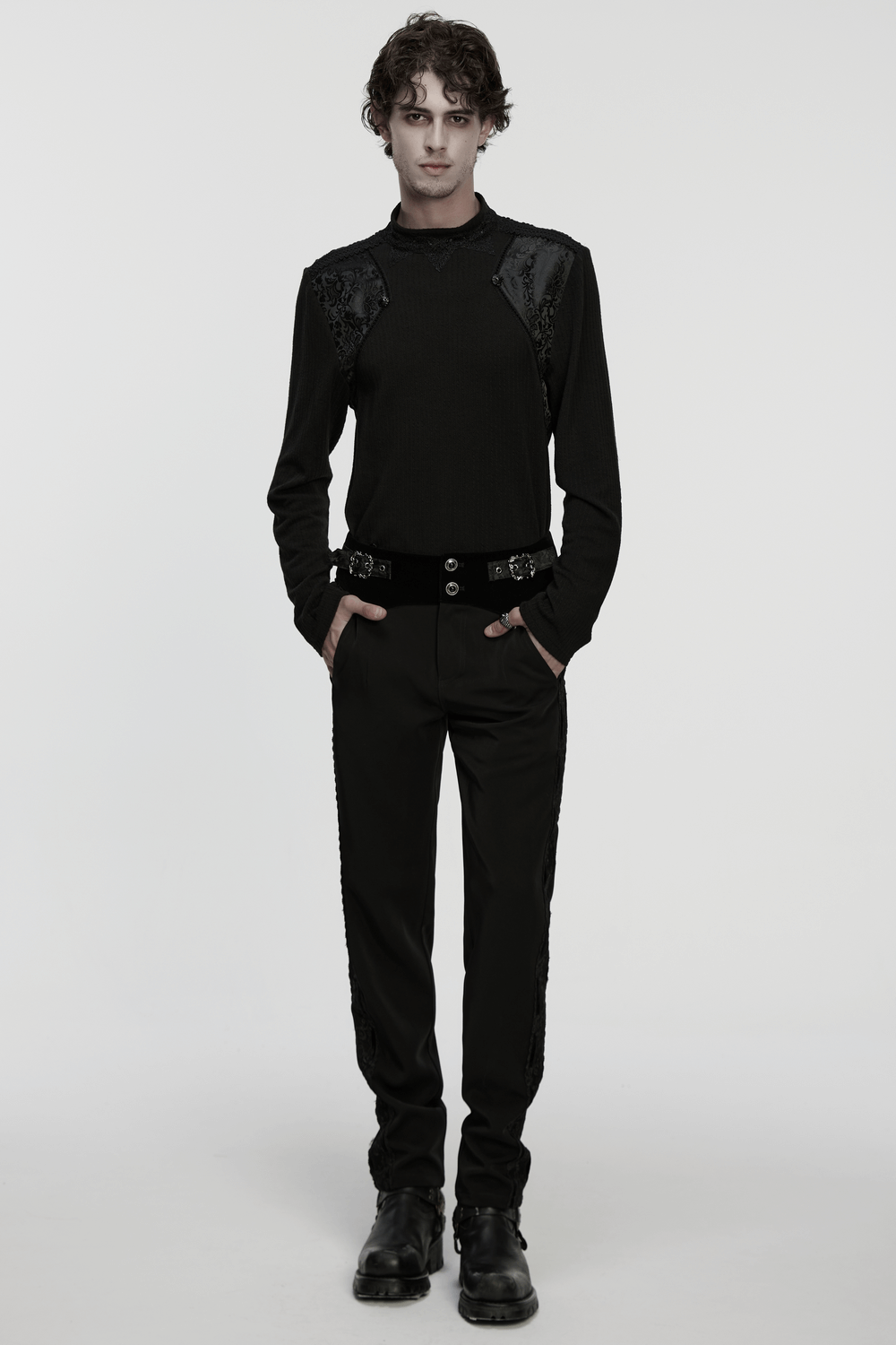 Goth Minimalist Sweatshirt with Shoulder Panels for Men styled with distinctive darkwear lace and a unique layered effect.