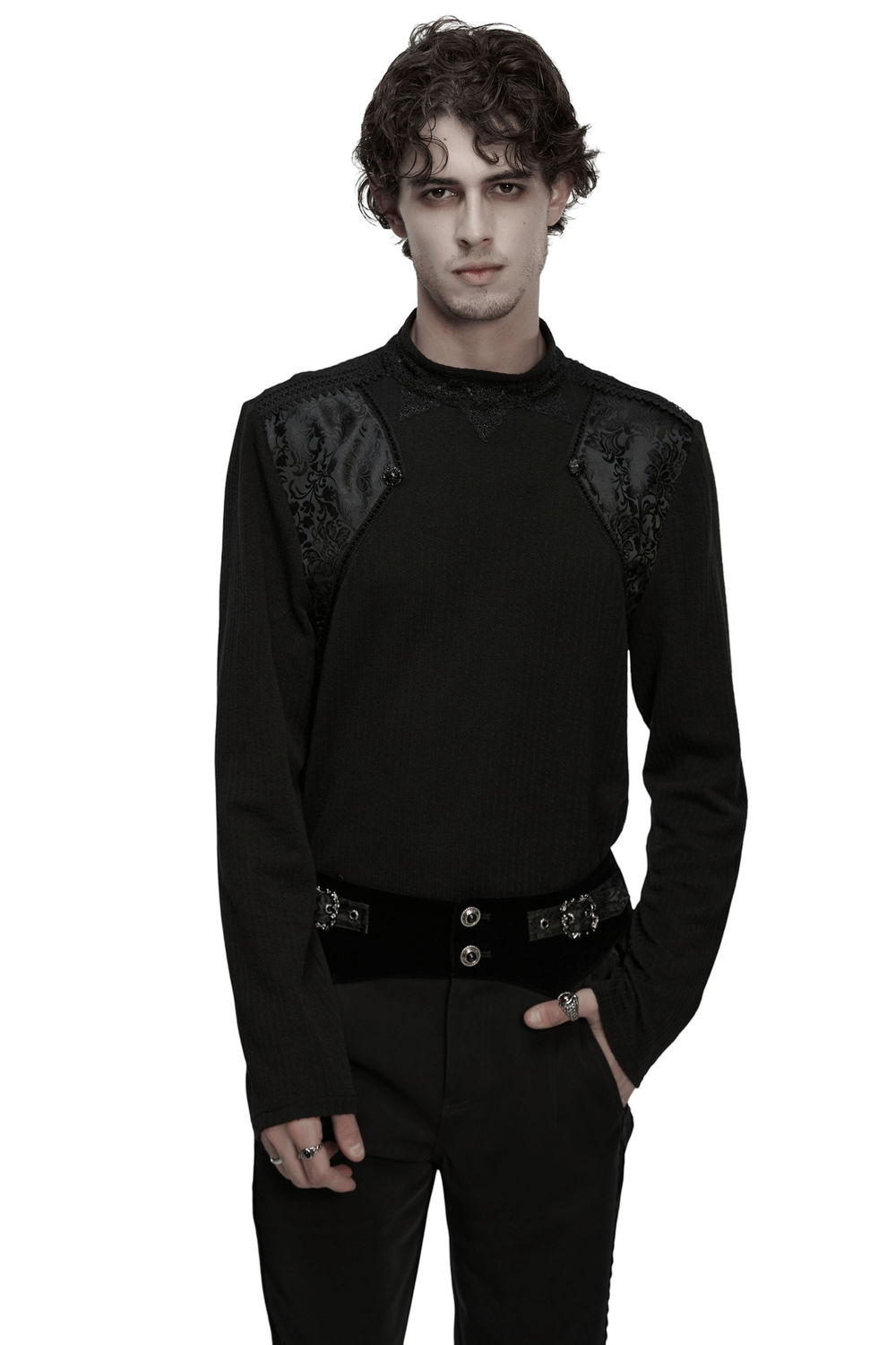 Goth Minimalist Sweatshirt with Shoulder Panels for Men, featuring embossed velvet and dark lace details.