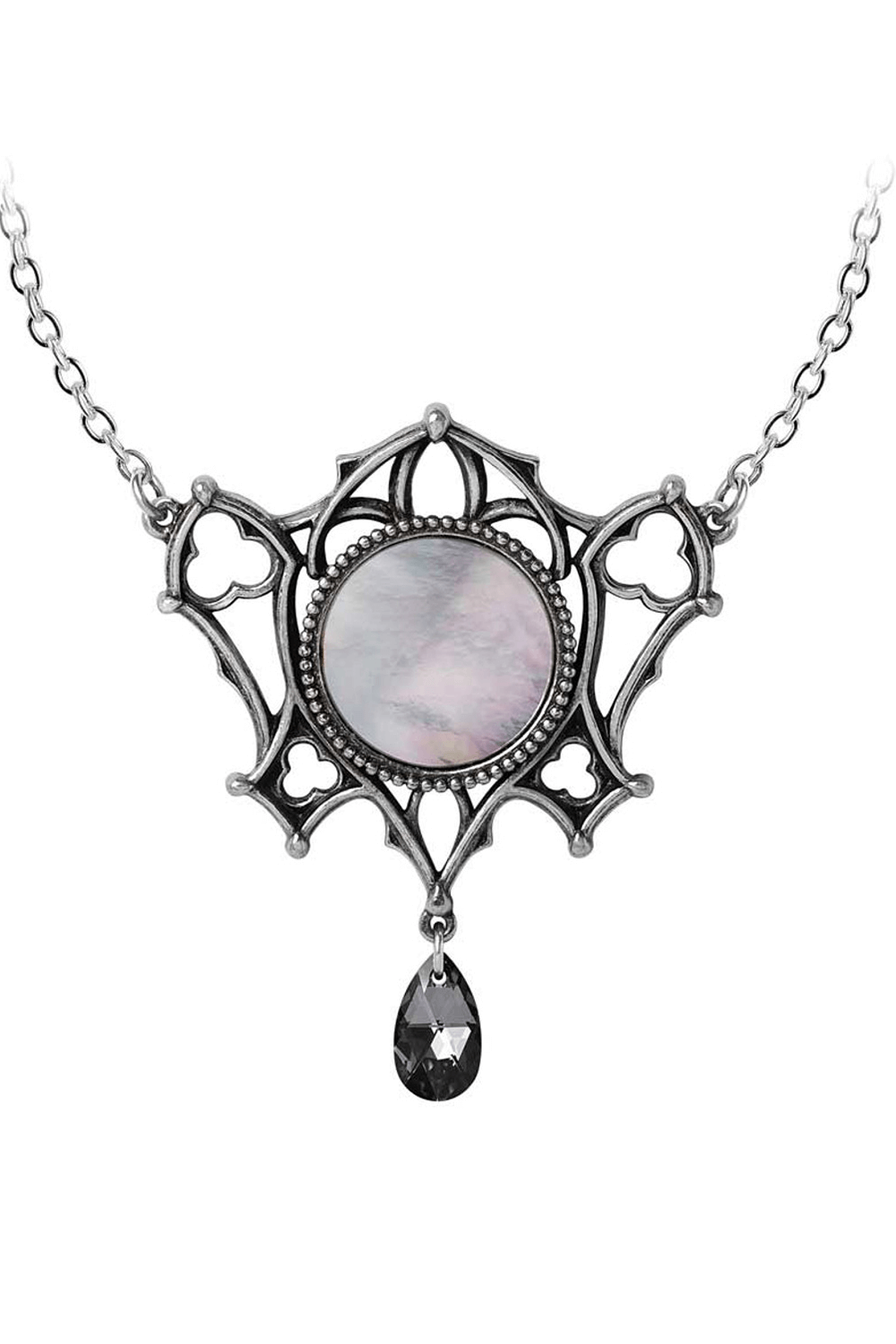 Gothic pewter necklace with dark mother of pearl and crystal pendant, perfect for elegant, dark occasions.
