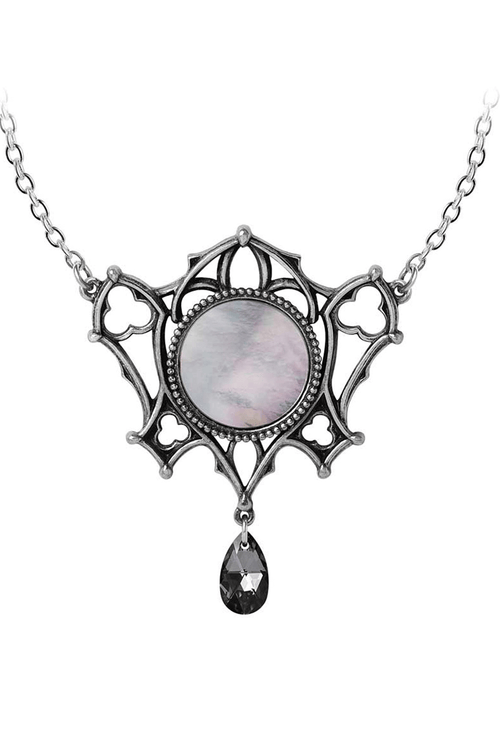 Goth Mother of Pearl Necklace with Dark Crystal Pendant