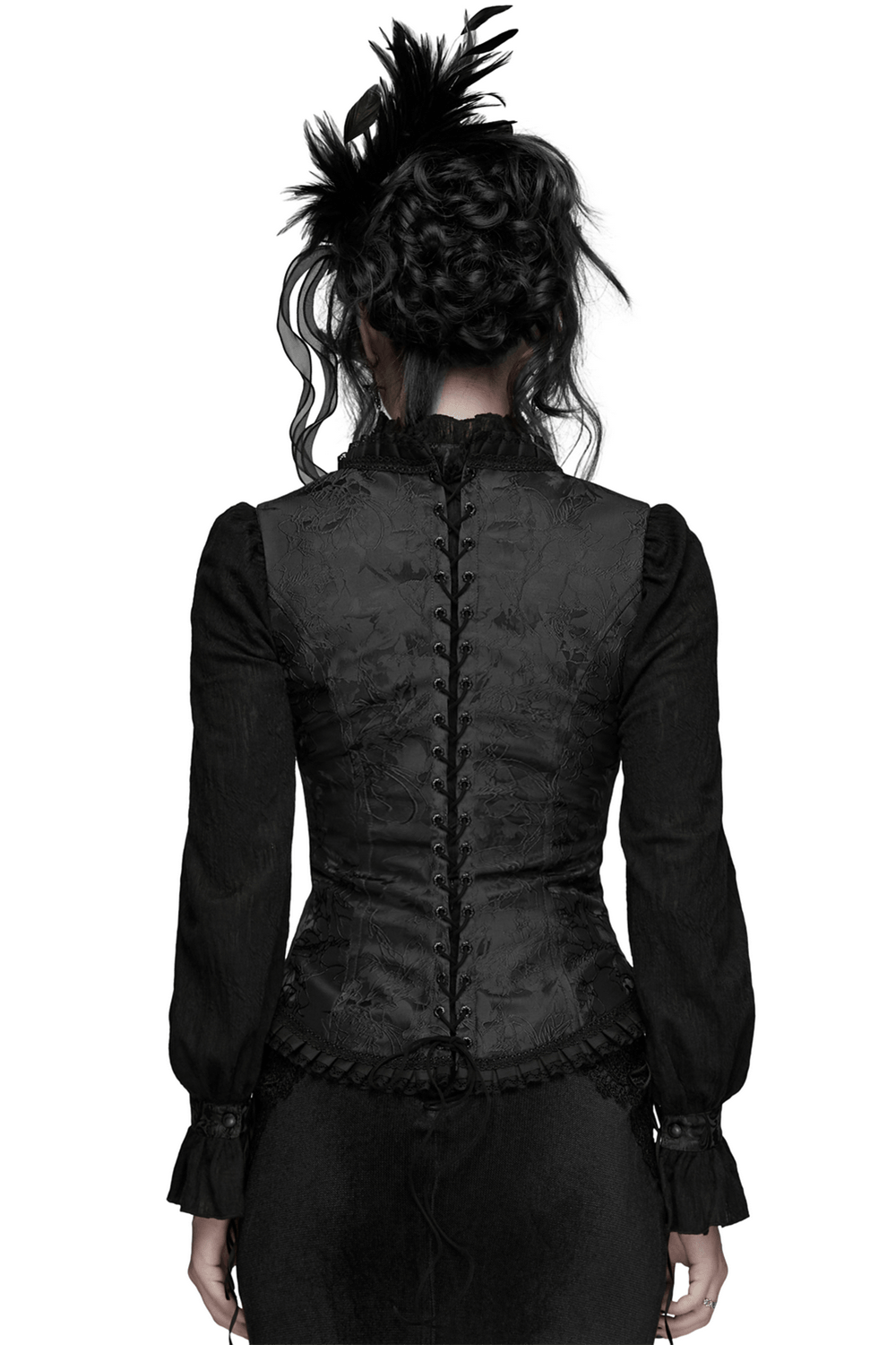 Alt Tag: Goth Palace Corset Vest with Brocade Lace Back Lacing back view, black gothic embroidered corset vest with lace-up back