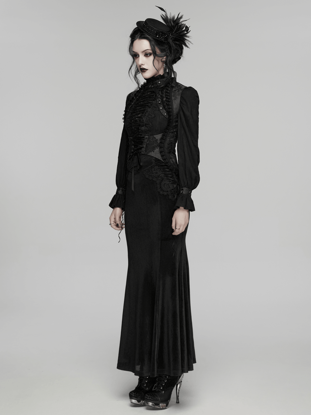 Alt Tag: Goth Palace Corset Vest with Brocade Lace Back Lacing on model in black gothic lace-up embroidered corset vest, full-length