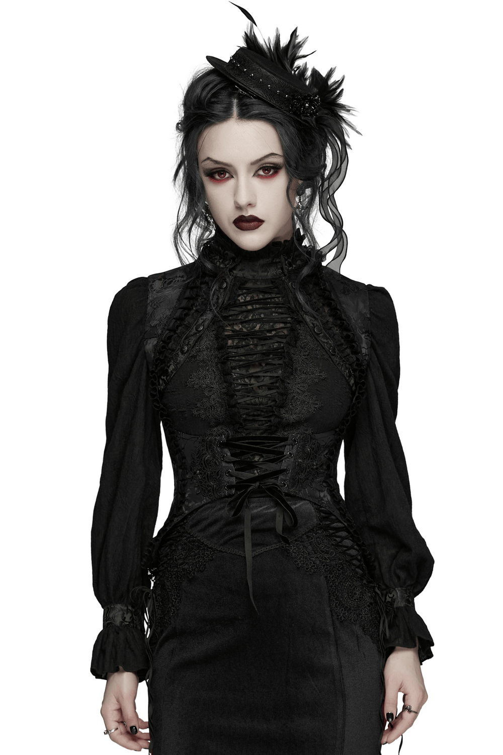 Alt Tag: Goth Palace Corset Vest with Brocade Lace Back Lacing worn by model in black gothic lace-up embroidered corset vest with dramatic dark elegance