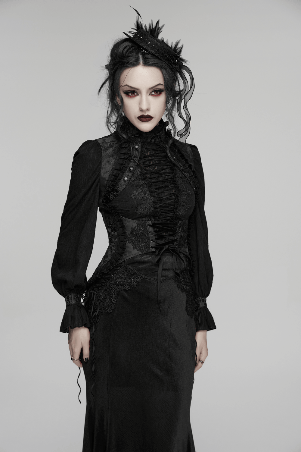 Alt Tag: Goth Palace Corset Vest with Brocade Lace Back Lacing on model, black gothic lace-up embroidered corset vest with dramatic dark elegance