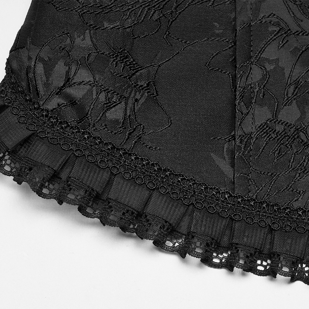 Alt Tag: Goth Palace Corset Vest with Brocade Lace Back Lacing black embroidered brocade fabric detail with scalloped lace trim close-up