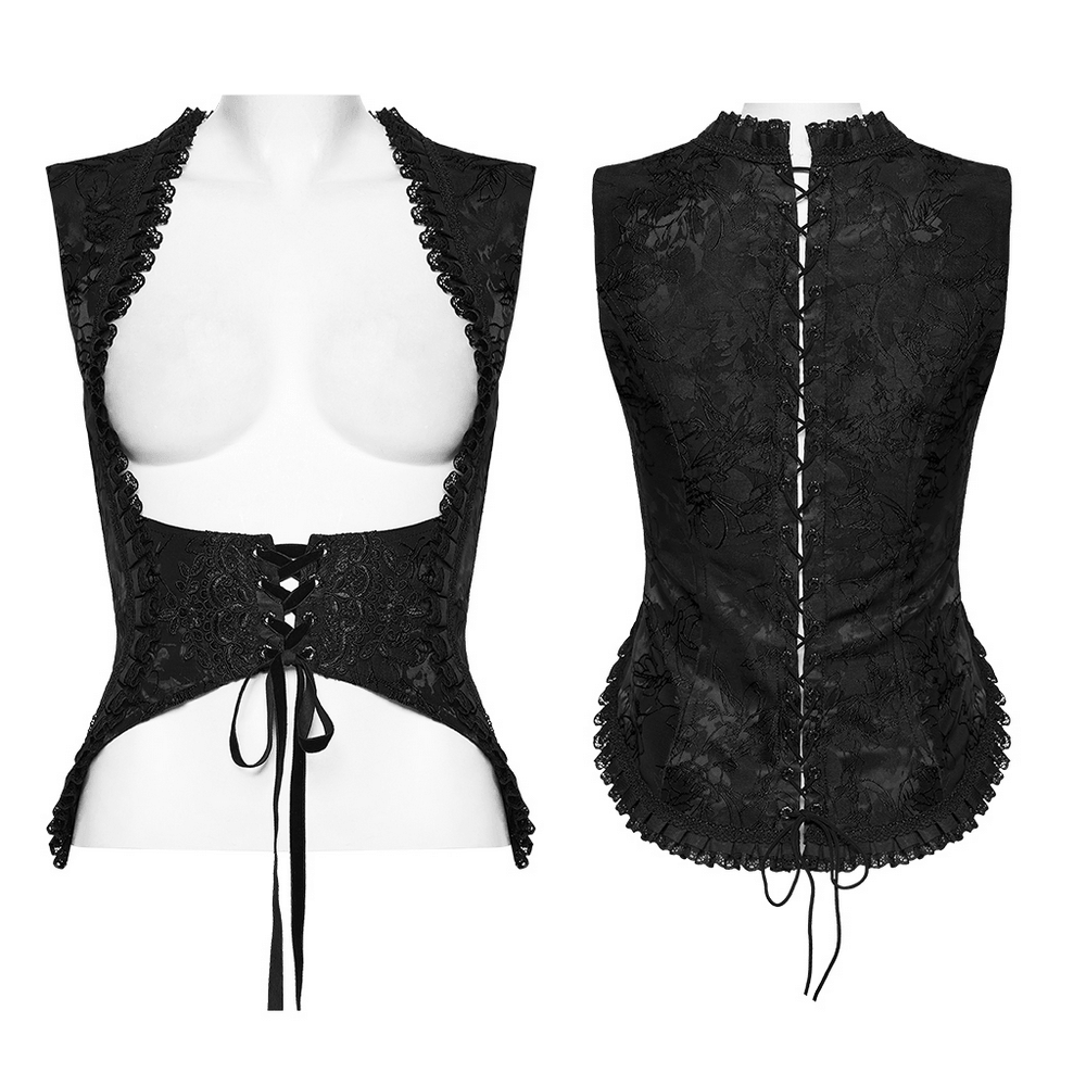 Alt Tag: Goth Palace Corset Vest with Brocade Lace Back Lacing black embroidered gothic vest, front lace-up and back lacing view
