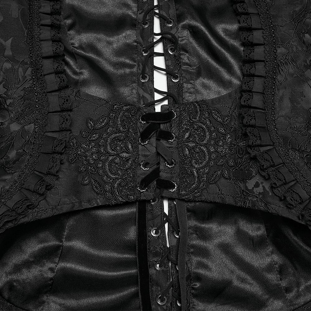 Alt Tag: Goth Palace Corset Vest with Brocade Lace Back Lacing black embroidered gothic corset vest close-up, lace-up back with lace trim