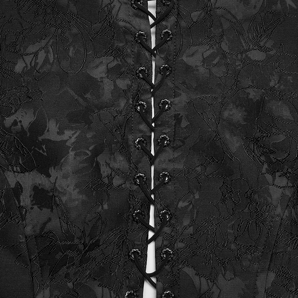 Alt Tag: Goth Palace Corset Vest with Brocade Lace Back Lacing close-up of black brocade lace-up back lacing and embroidered gothic fabric