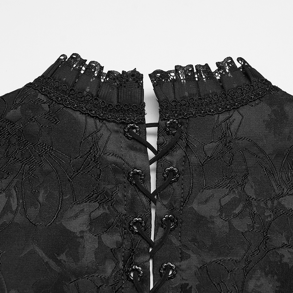 Alt Tag: Goth Palace Corset Vest with Brocade Lace Back Lacing black embroidered brocade with lace trim and back lacing close-up