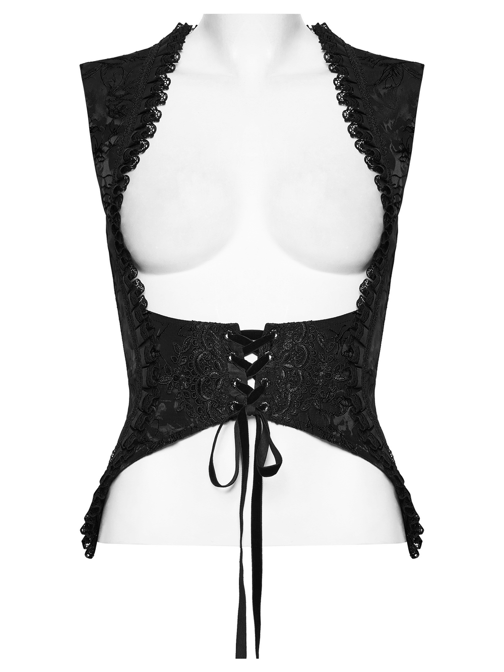 Alt Tag: Goth Palace Corset Vest with Brocade Lace Back Lacing black gothic lace-up embroidered vest with lace trim, front lacing