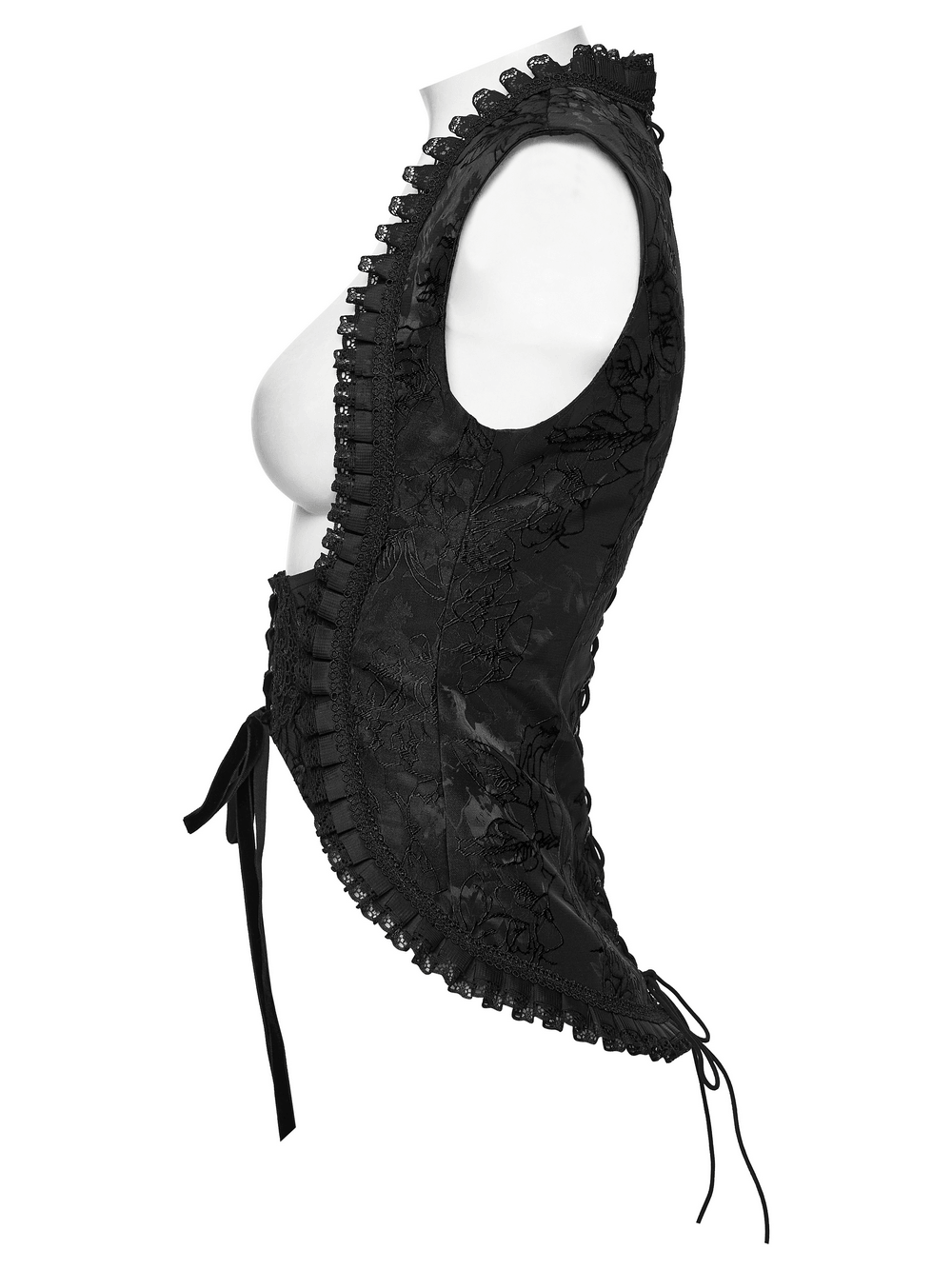 Alt Tag: Goth Palace Corset Vest with Brocade Lace Back Lacing black embroidered gothic lace-up corset vest side view with ruffle trim