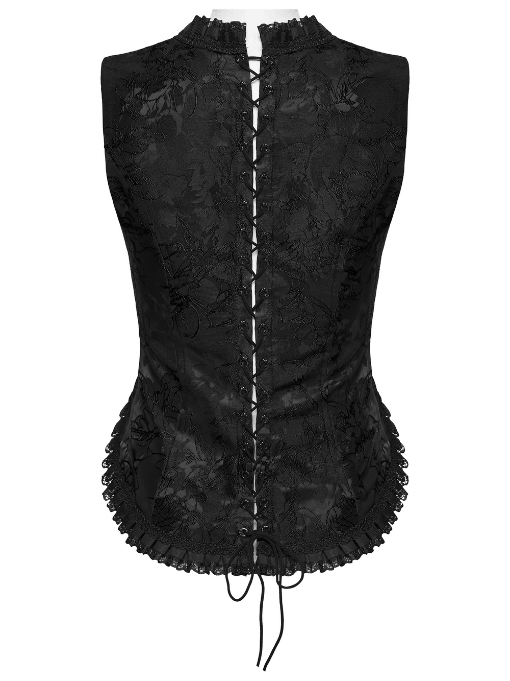 Alt Tag: Goth Palace Corset Vest with Brocade Lace Back Lacing, black gothic embroidered lace-up corset vest with ruffled trim